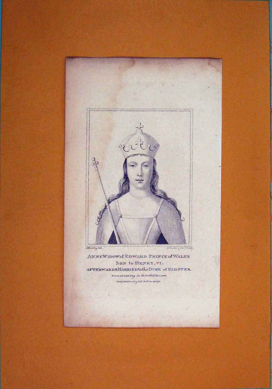 Original Old Antique Print Anne Widow Edward Prince Wales Portrait