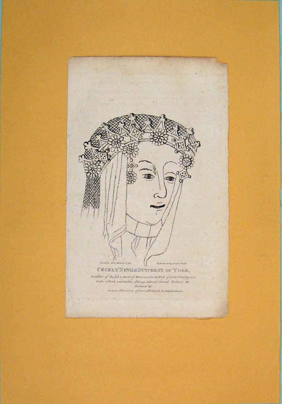 Original Old Antique Print Cecley Nevile Dutchess York Potrait C1792 18th