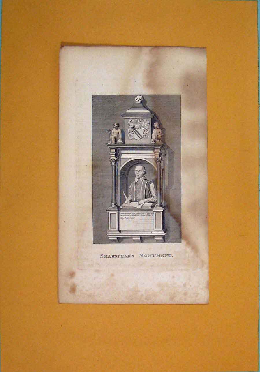 Original Old Antique Print Shakspear Monument Fine Art Potrait