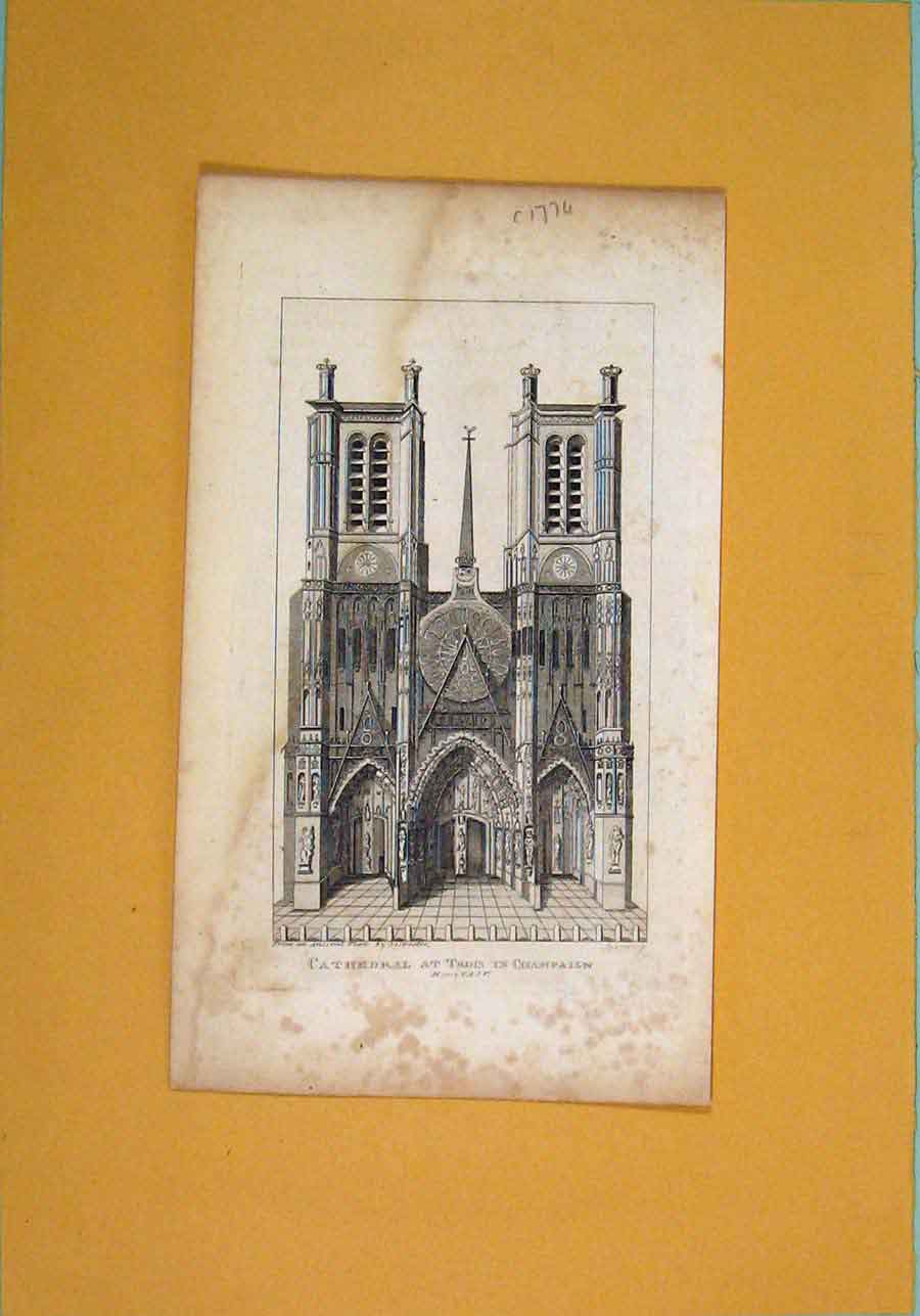 Original Old Antique Print Cathedral Trois Champaign Fine Art C1774 18th Century