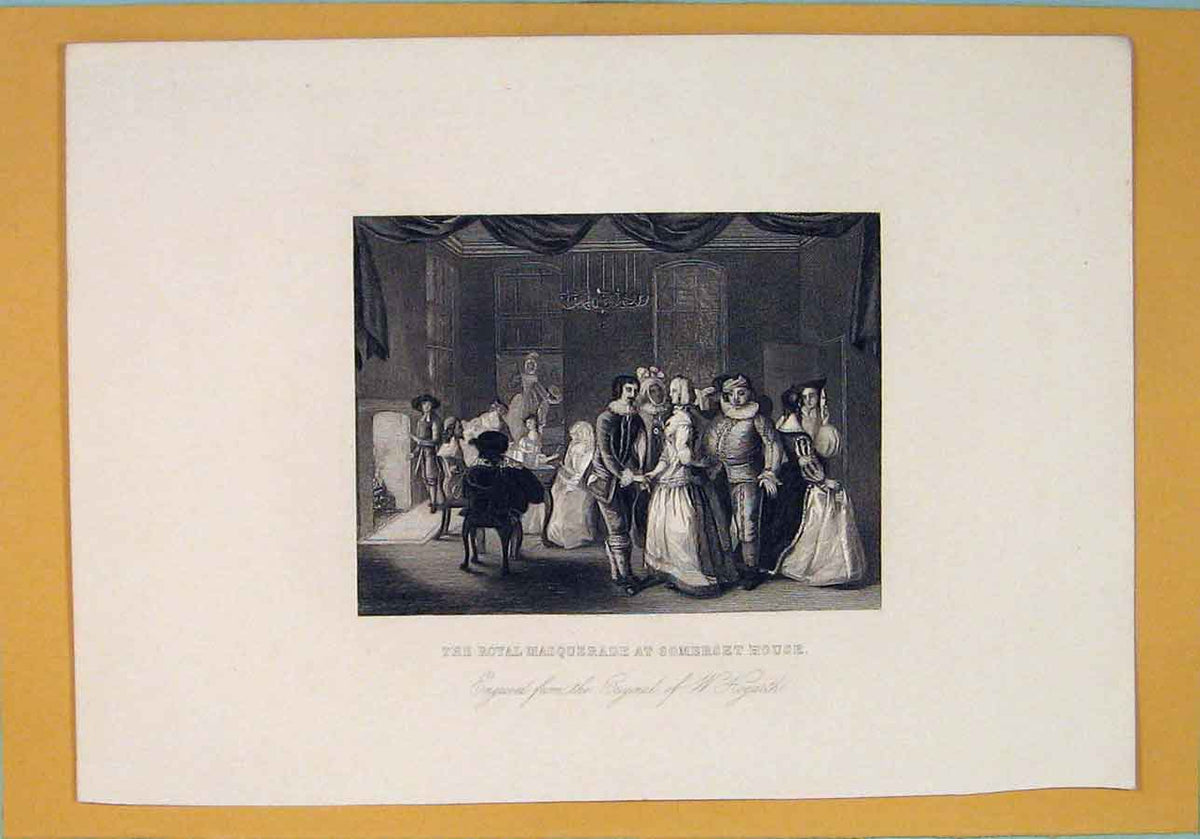Original Old Antique Print Roayl Masquerade Somerset House Hogarth Ball
