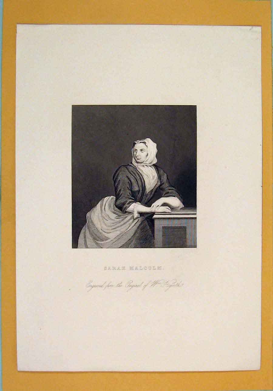 Original Old Antique Print Sarah Malcom Hogarth Portrait