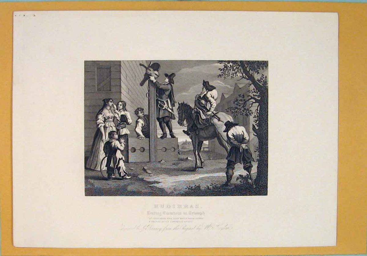 Original Old Antique Print Hudibras Hogarth Triumph Stocks Stock C1835 19th
