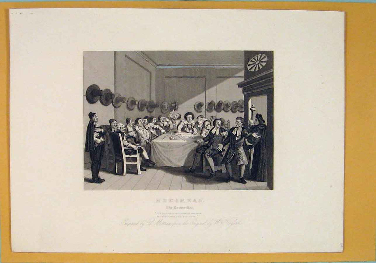 Original Old Antique Print Hudibrtas Committee Round Table Hogarth C1835 19th