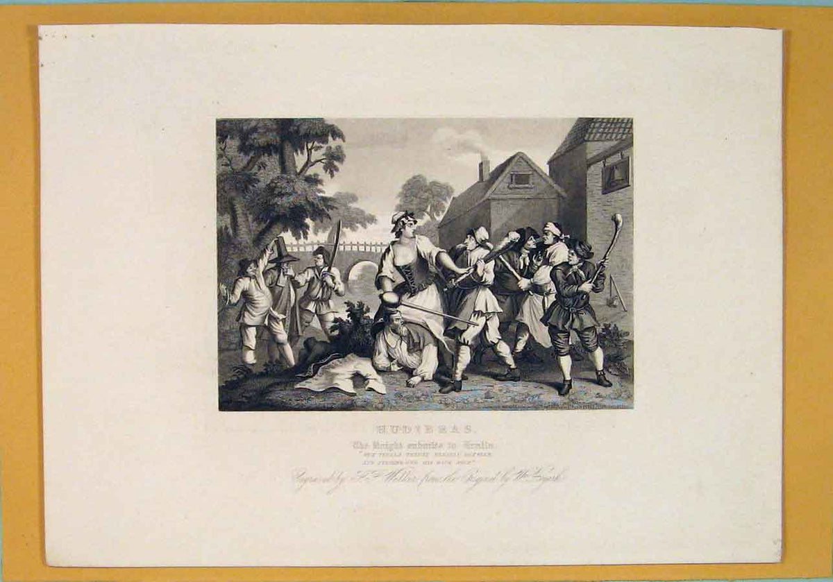 Original Old Antique Print Hudibras Knight Batlle Trulla Hogarth C1835 19th