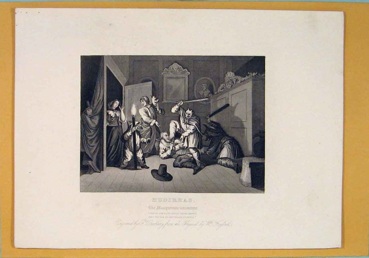 Original Old Antique Print Hudibras Masquerade Adventure Battle Hogarth 1835