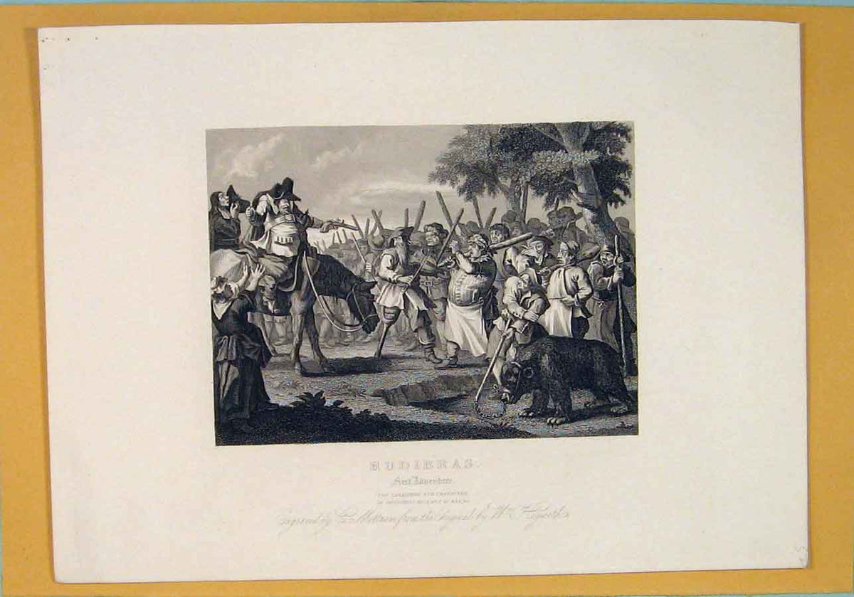 Original Old Antique Print Hudibras First Adventure Hogarth C1835 19th Century