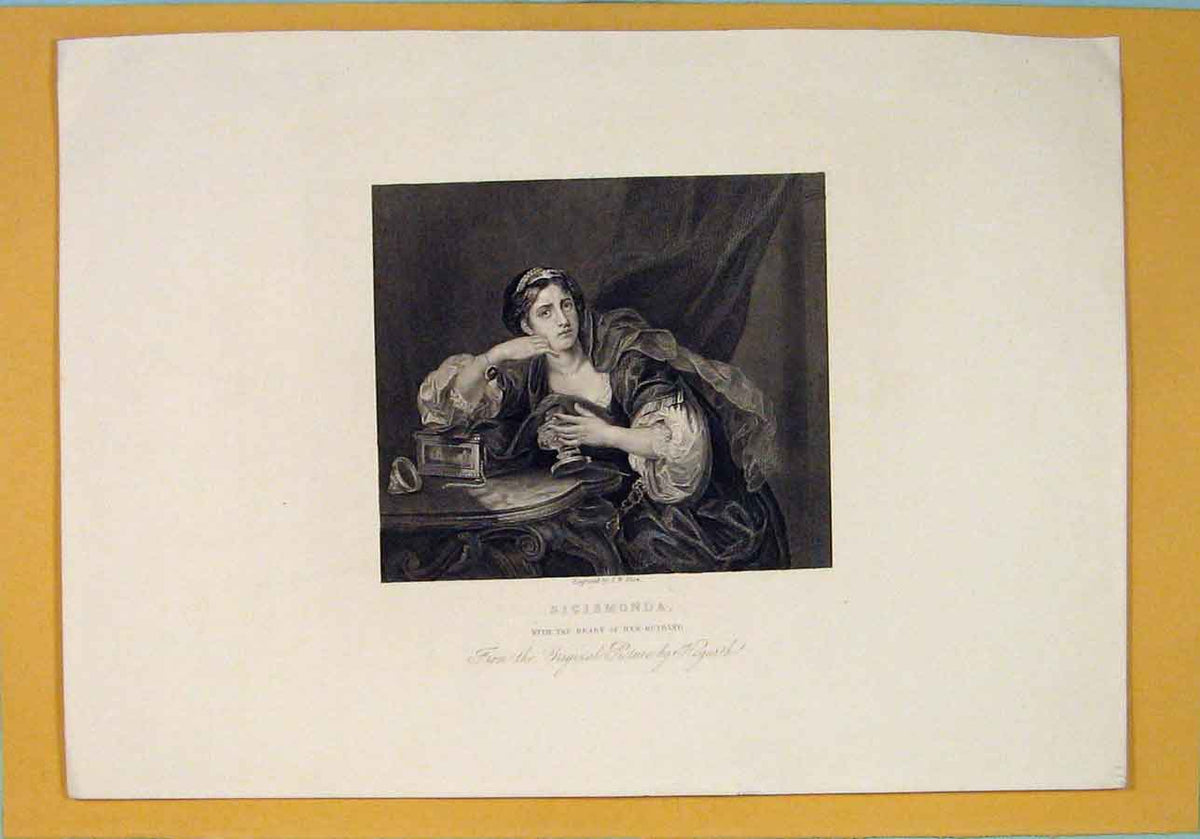 Original Old Antique Print Sigismonda Death Husband Hogarth Portrait