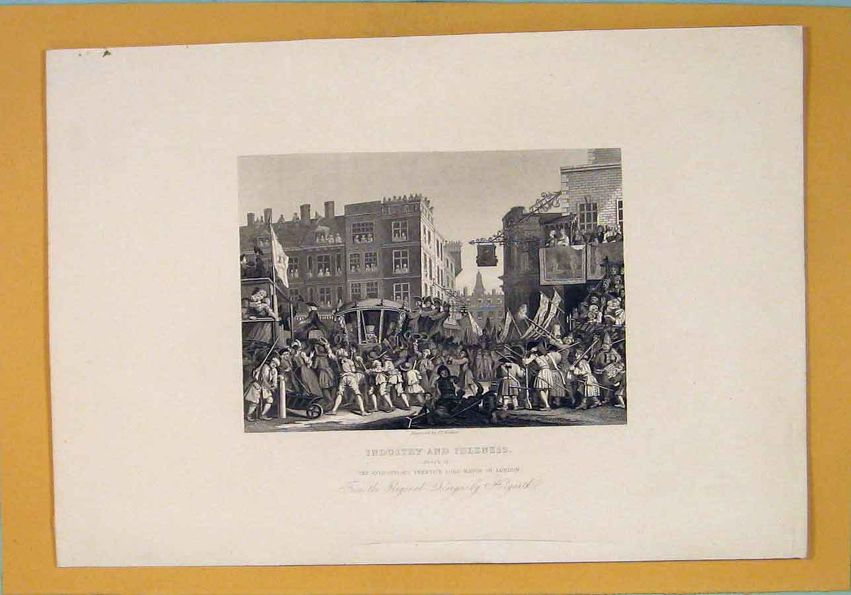 Original Old Antique Print Industry Industrial Mayor London Hogarth C1835 19th