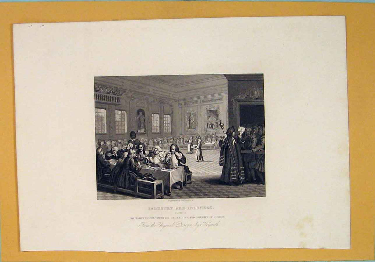 Original Old Antique Print Industry Indsutrial Sheriff London Hogarth C1835 19th