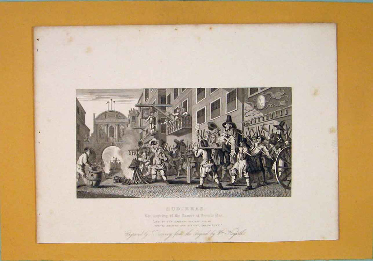 Original Old Antique Print Hudibras Burning Ramps Templar Bar C1835 19th Century