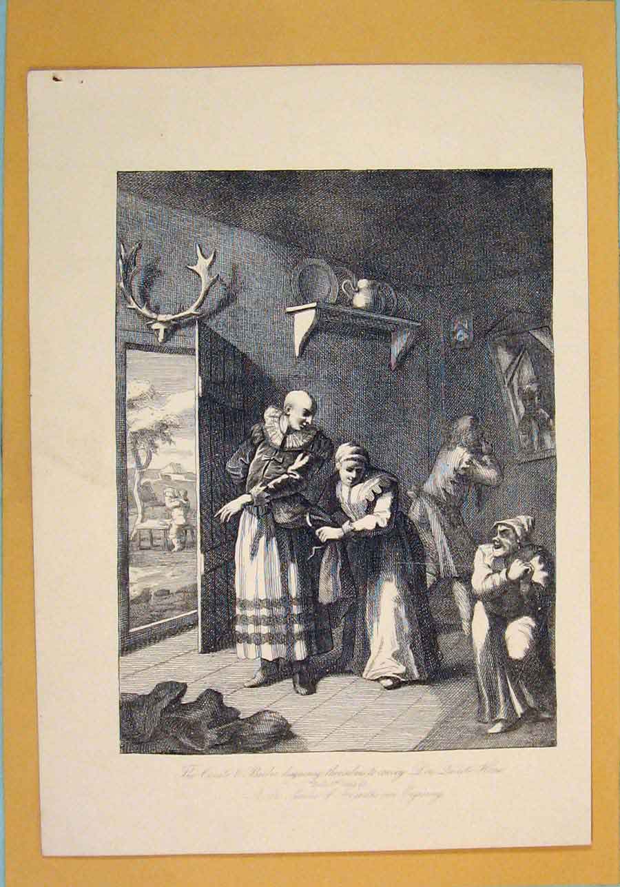 Original Old Antique Print Don Duixote Barber Cyrate Discuise Hogarth C1835 19th
