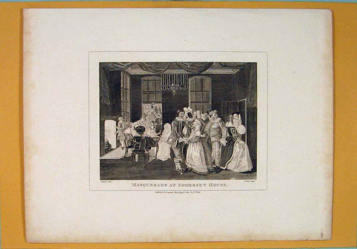 Original Old Antique Print Masquerade Somerset House Hogarth C1809 19th Century