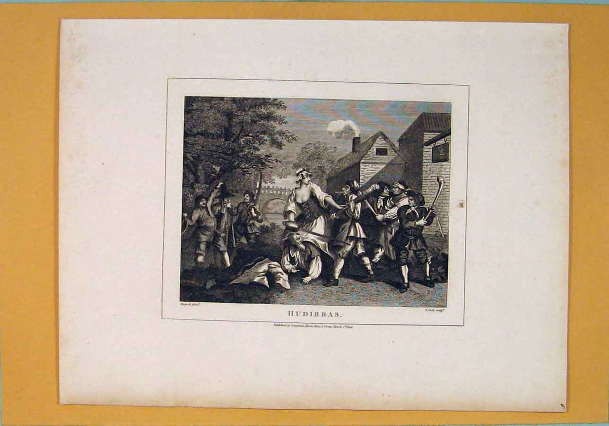 Original Old Antique Print Hudibras Courting Dating Battle Art C1807 19th