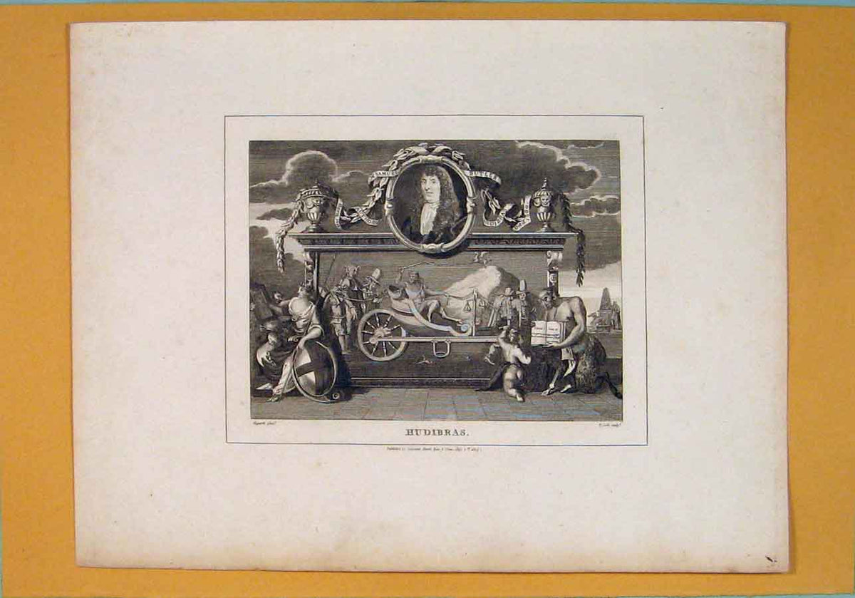 Original Old Antique Print Hudibras Hogarth Monument Emblem Symbol 1807 19th