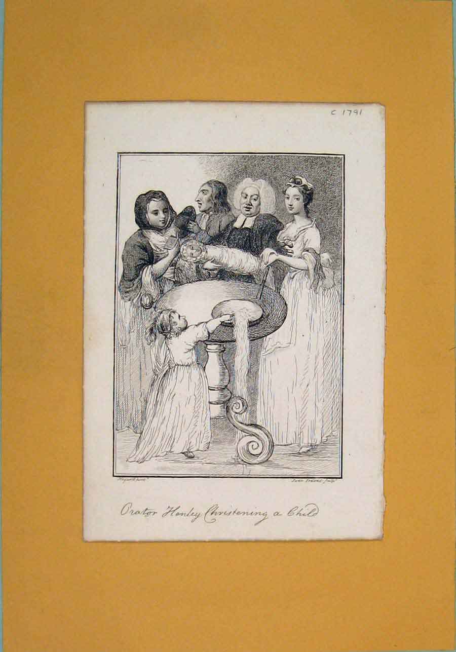Original Old Antique Print Henly Christening Child Fine Art 1791 18th Century
