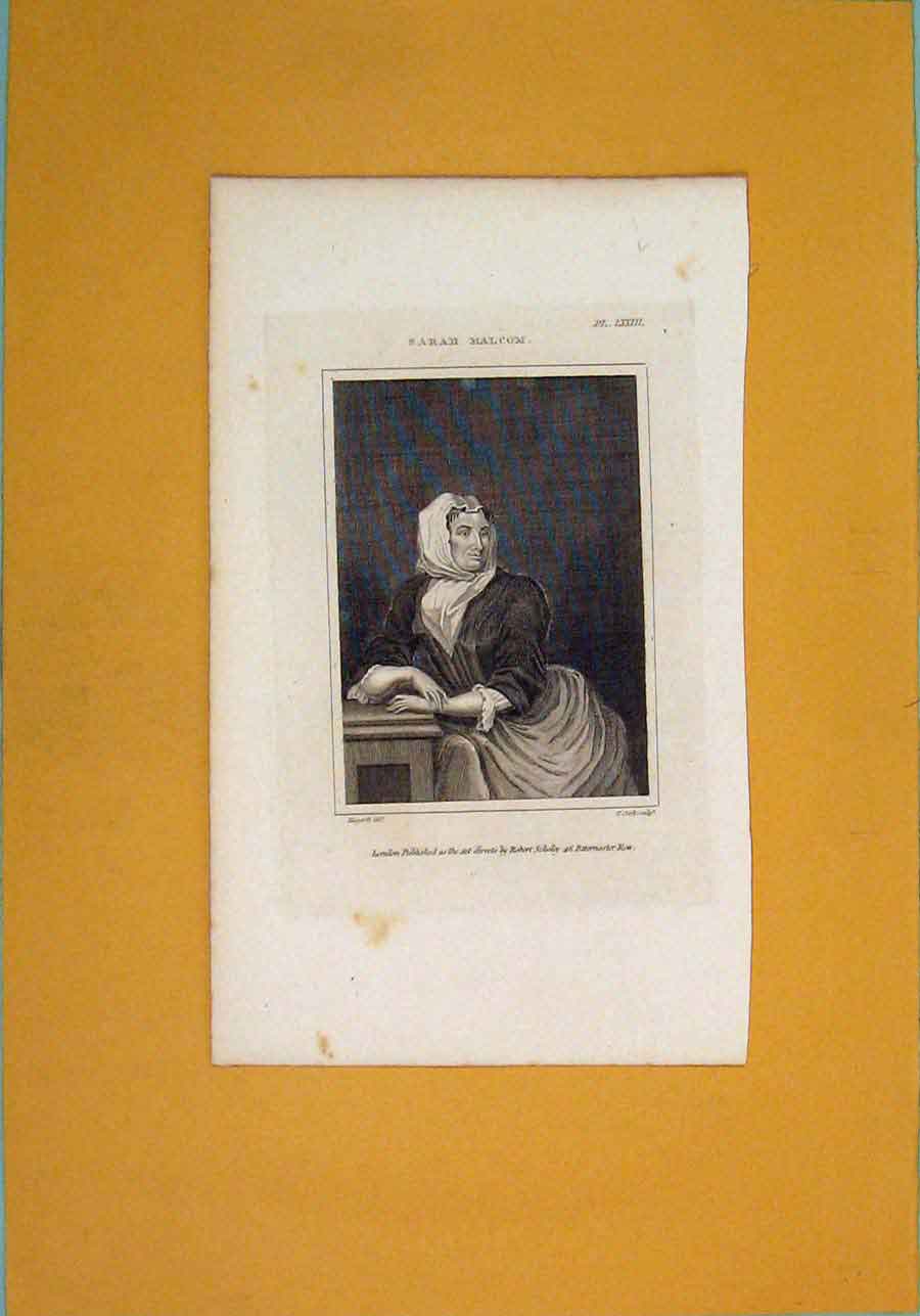 Original Old Antique Print Sarah Malcom Maid Servant Portrait Art
