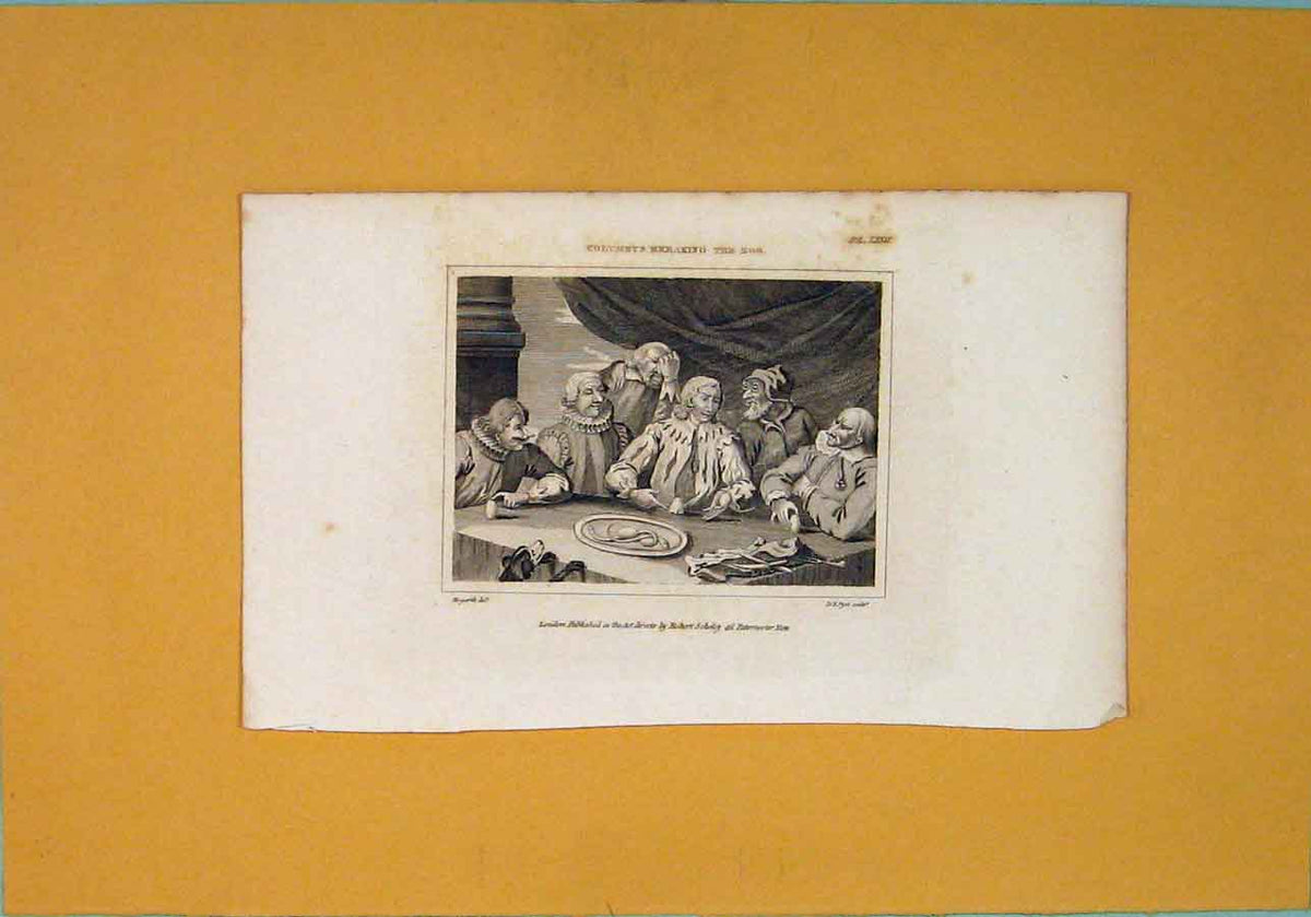 Original Old Antique Print Columbus Breaking Egg Hogarth Fine Art