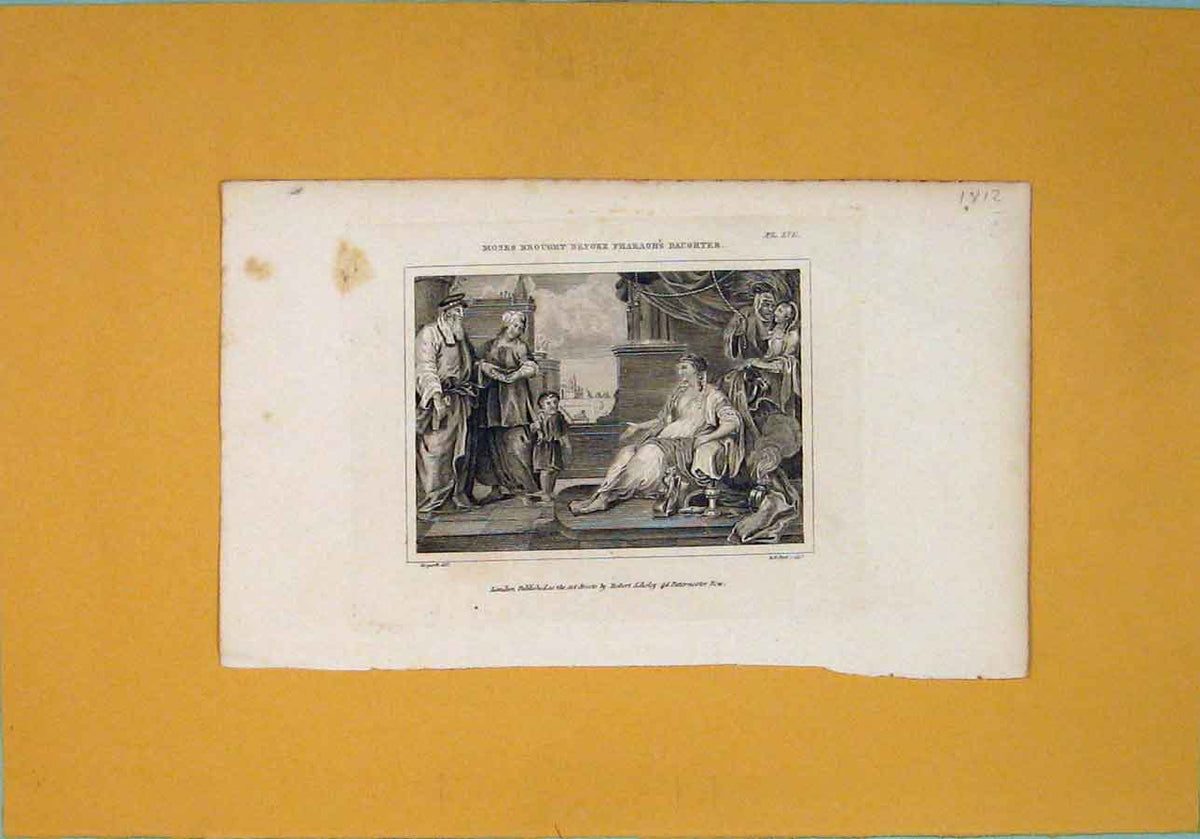 Original Old Antique Print Moses Pharaohs Daughter Hogarth C1812 Napoleonic Era