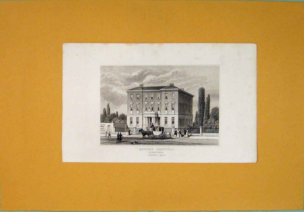 Original Old Antique Print C1845 Queens Hospital Birmingham Fine Art Victorian