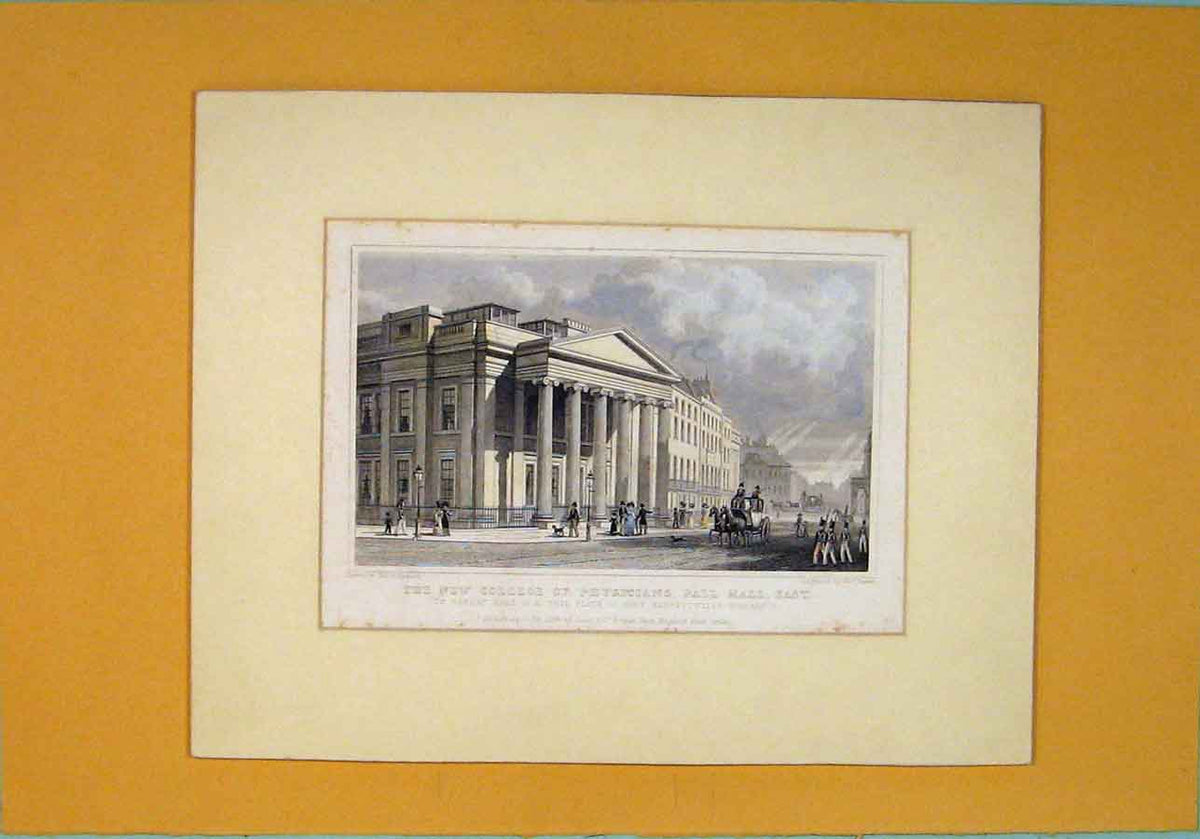 Original Old Antique Print C1828 New College Physicians Pall Mall Color 19th