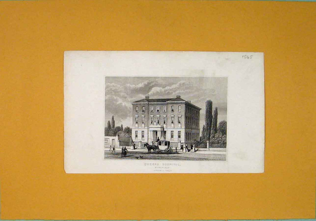 Original Old Antique Print Queens Hospital Birmingam Fine Art