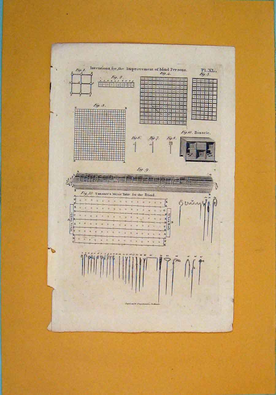 Original Old Antique Print Inventions Improvement Blind Persons Art