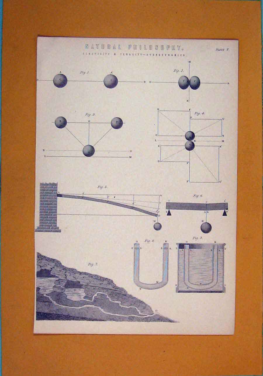 Original Old Antique Print Elasticity Tenacity Hydrodynamics Art
