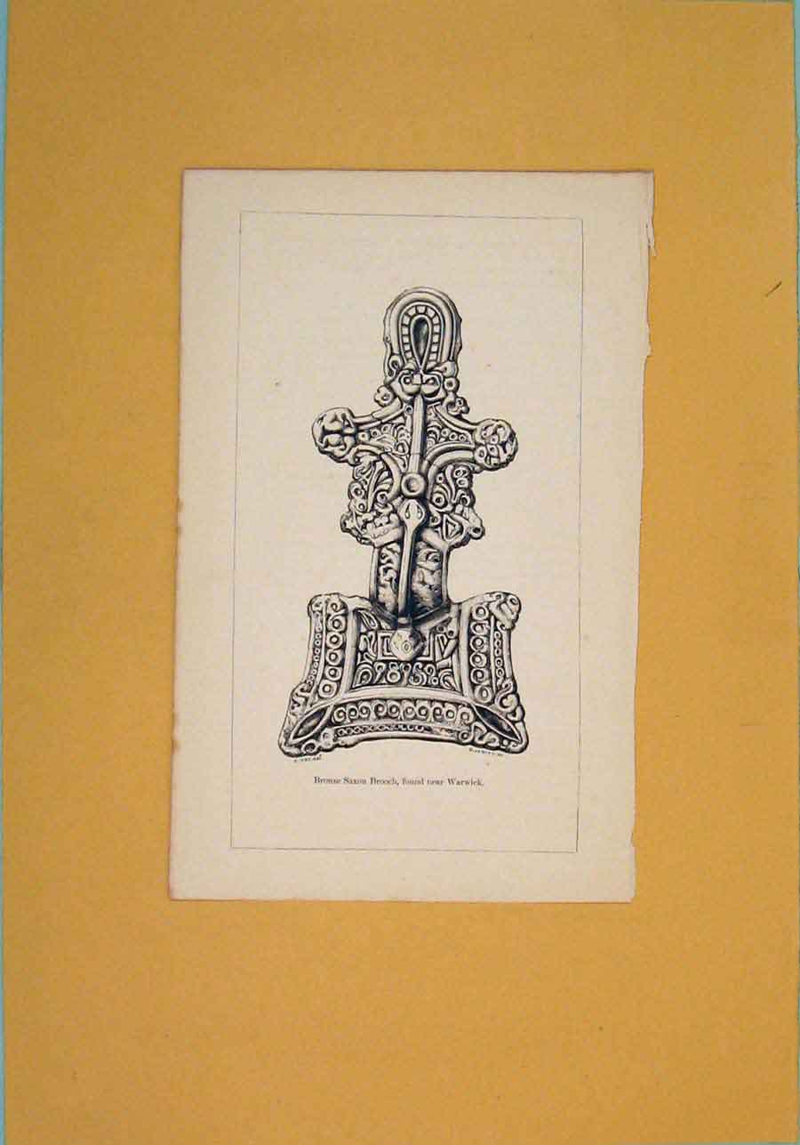 Original Old Antique Print Bronze Saxon Brooch Warwick C1853 19th