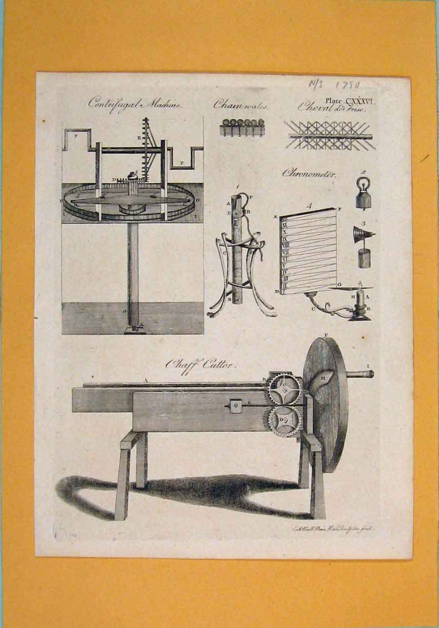 Original Old Antique Print C1780 Centrifigal Machine Chain Chronometer Chaff