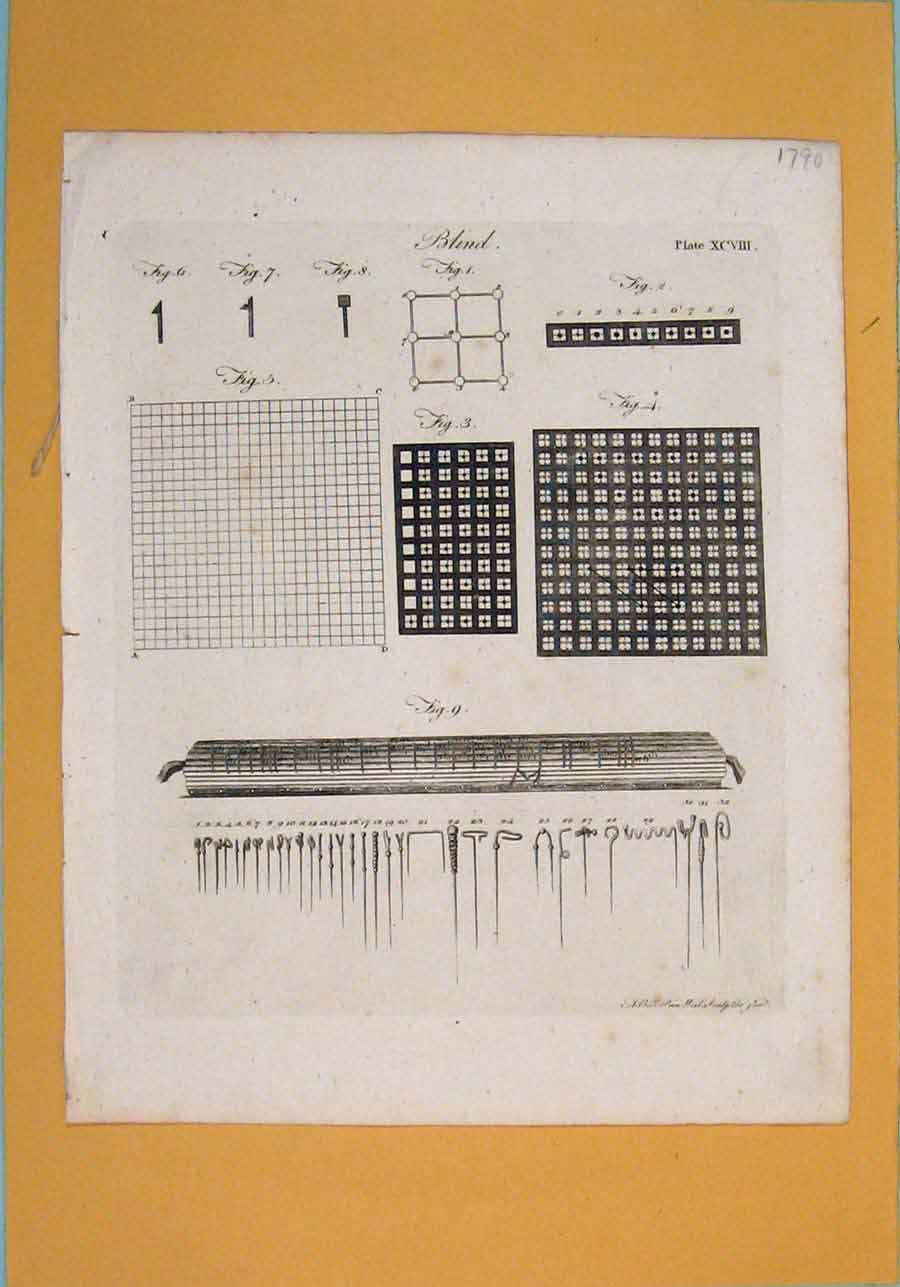 Original Old Antique Print C1790 Blind Fine Art Abacus Materials 18th Century