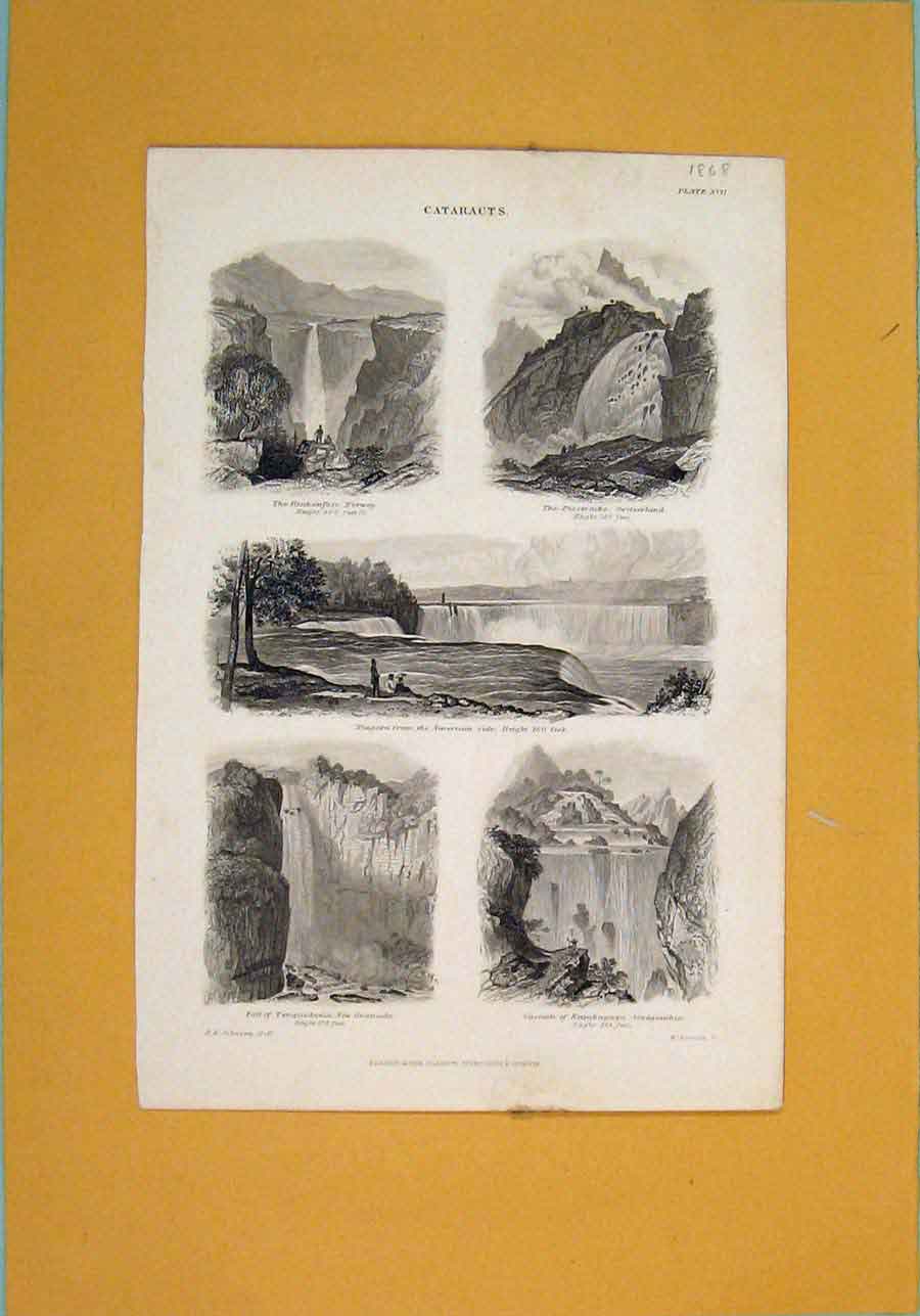 Original Old Antique Print Cataracts Mountain Rock Norway Swiss Niagara 1868