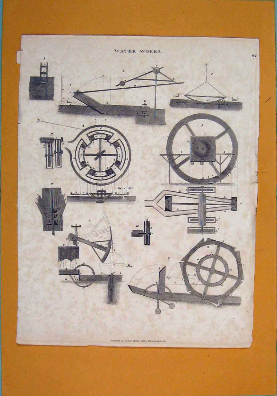 Original Old Antique Print Water Works Machinary C1812 19th