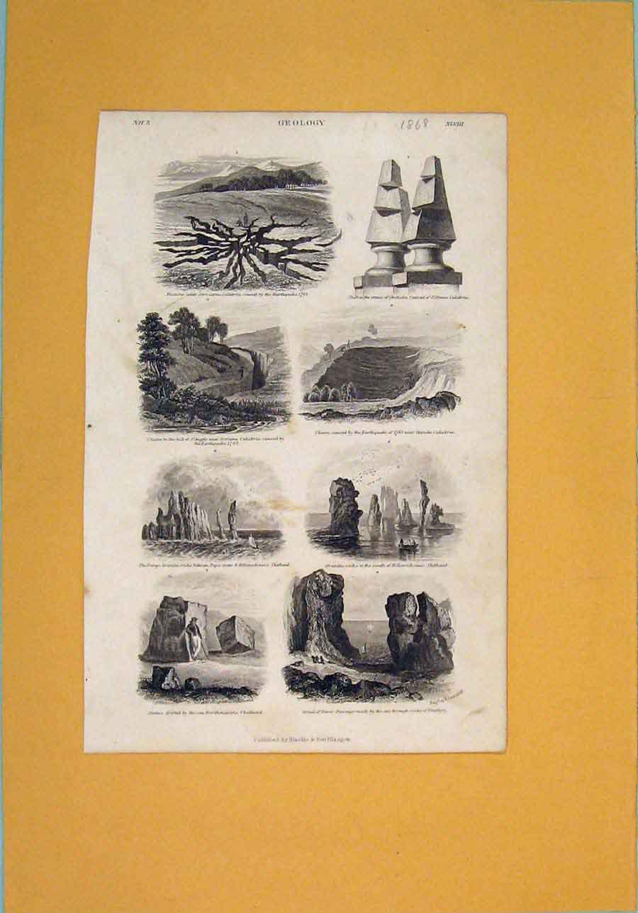 Original Old Antique Print Geology C1868 Shifted Rocks Earthquake Natural 19th