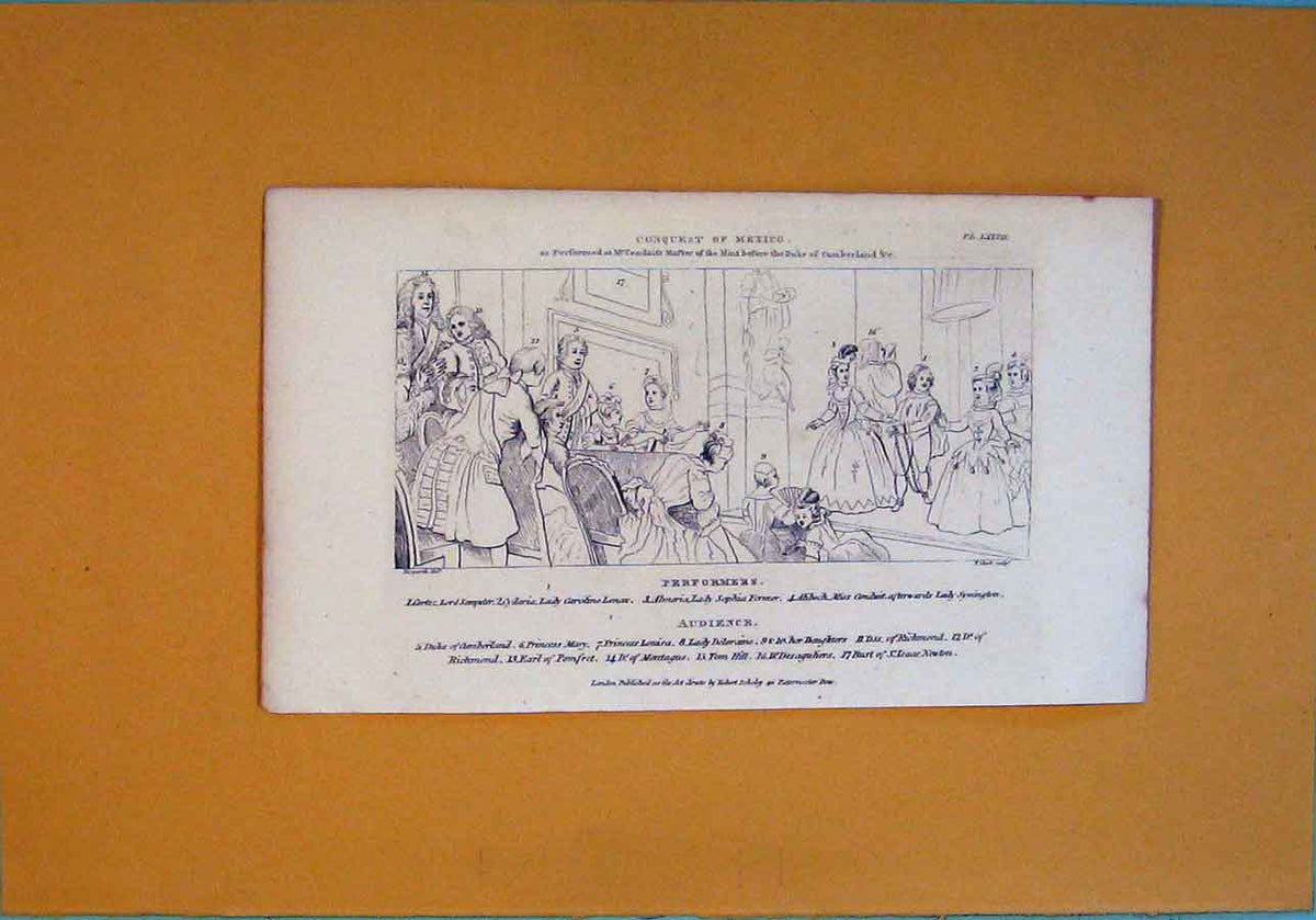 Original Old Antique Print Conquest Mexico Performers Audience Robert Scholey