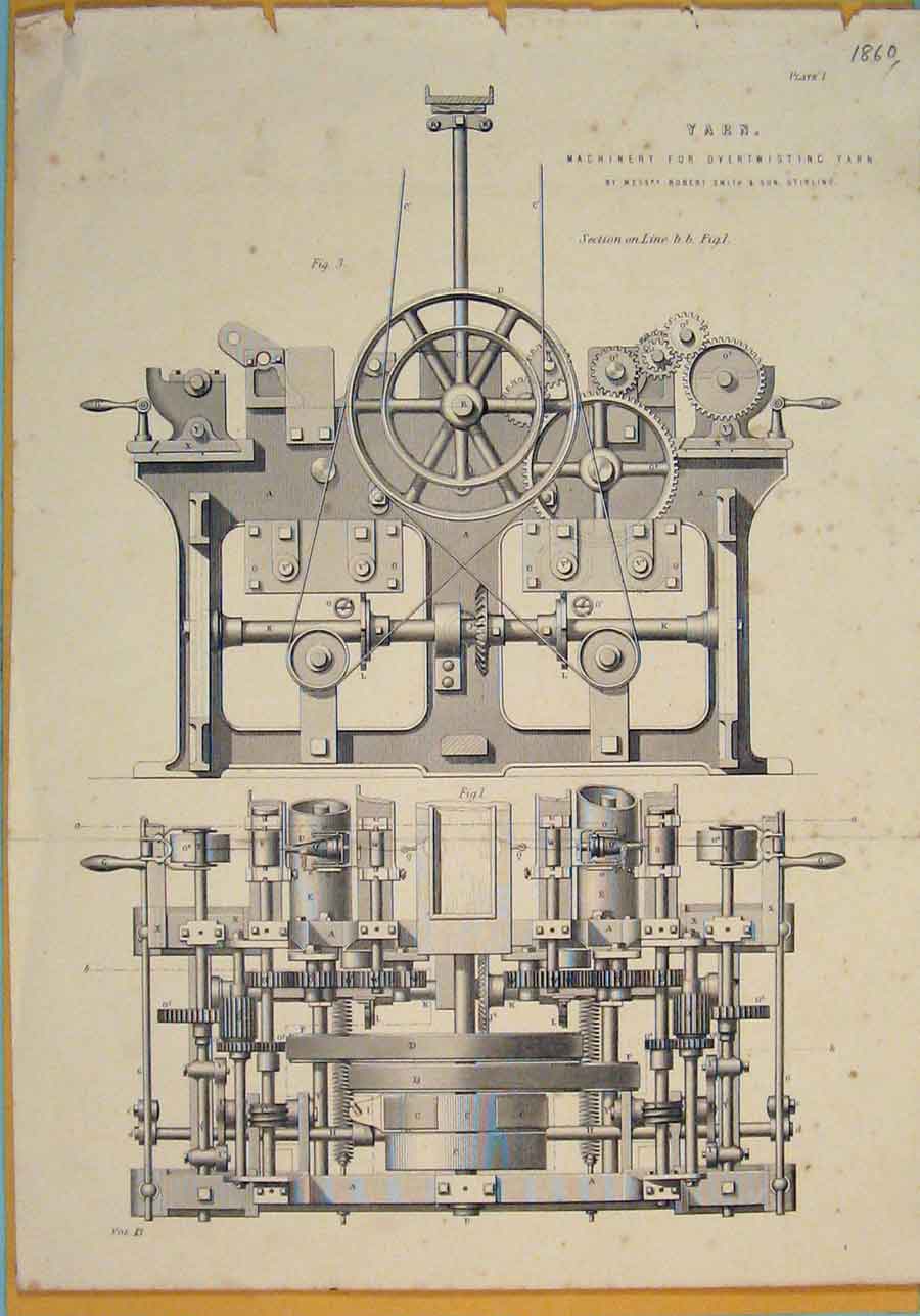 Original Old Antique Print Yarn C1860 Machinery Twisting Design Art Victorian
