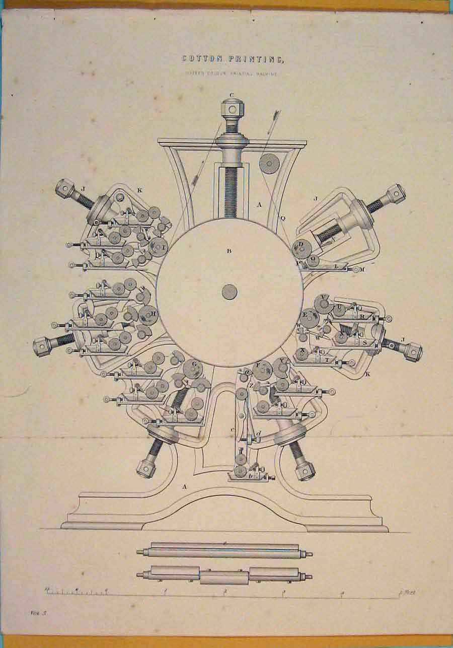 Original Old Antique Print Cotton Ing Design Architectural Art