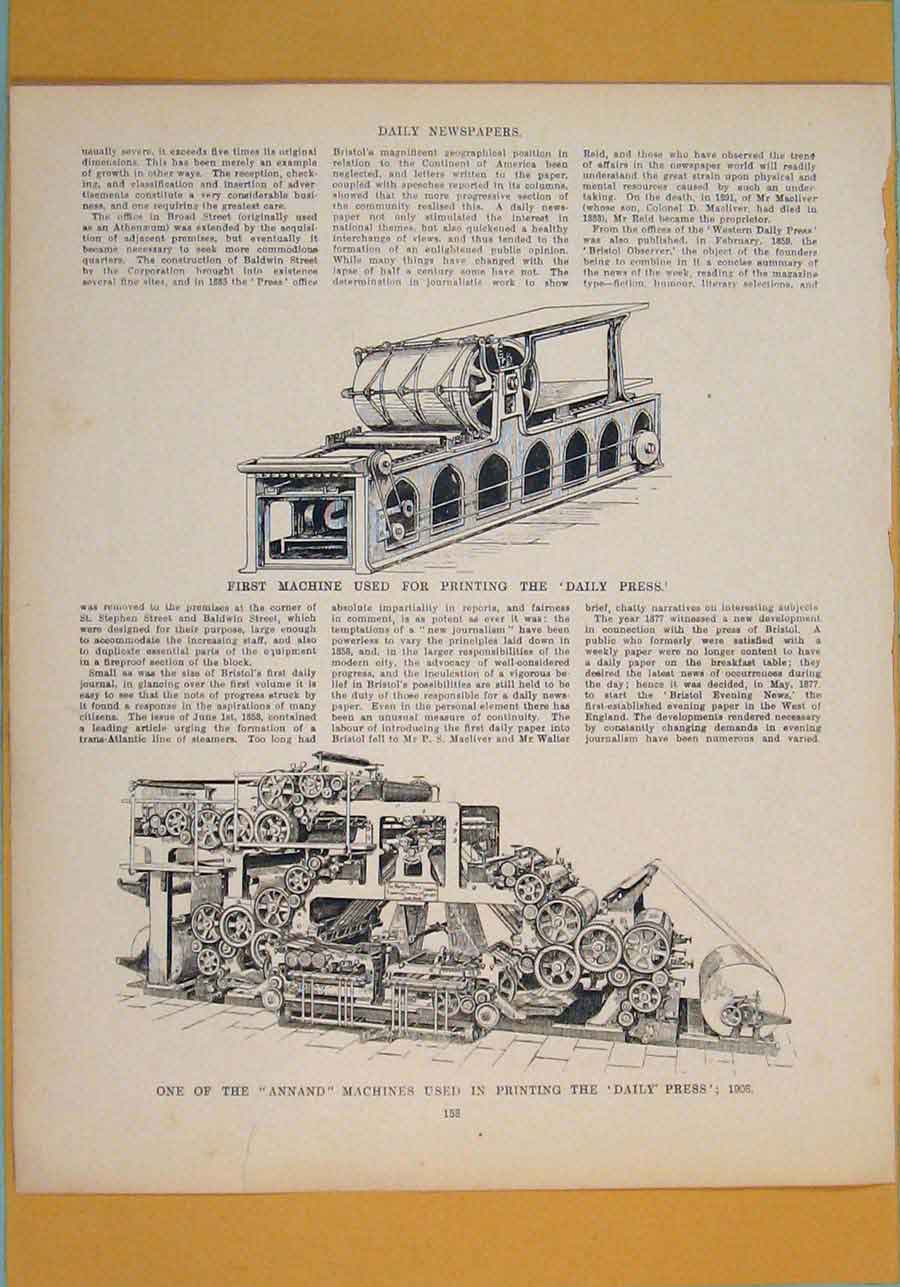 Original Old Antique Print Machine Ing Daily Press Annand C1860 19th