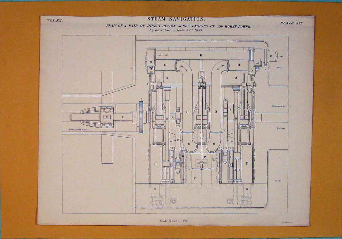Original Old Antique Print C1860 Steam Navigation Machine Engines Power 19th