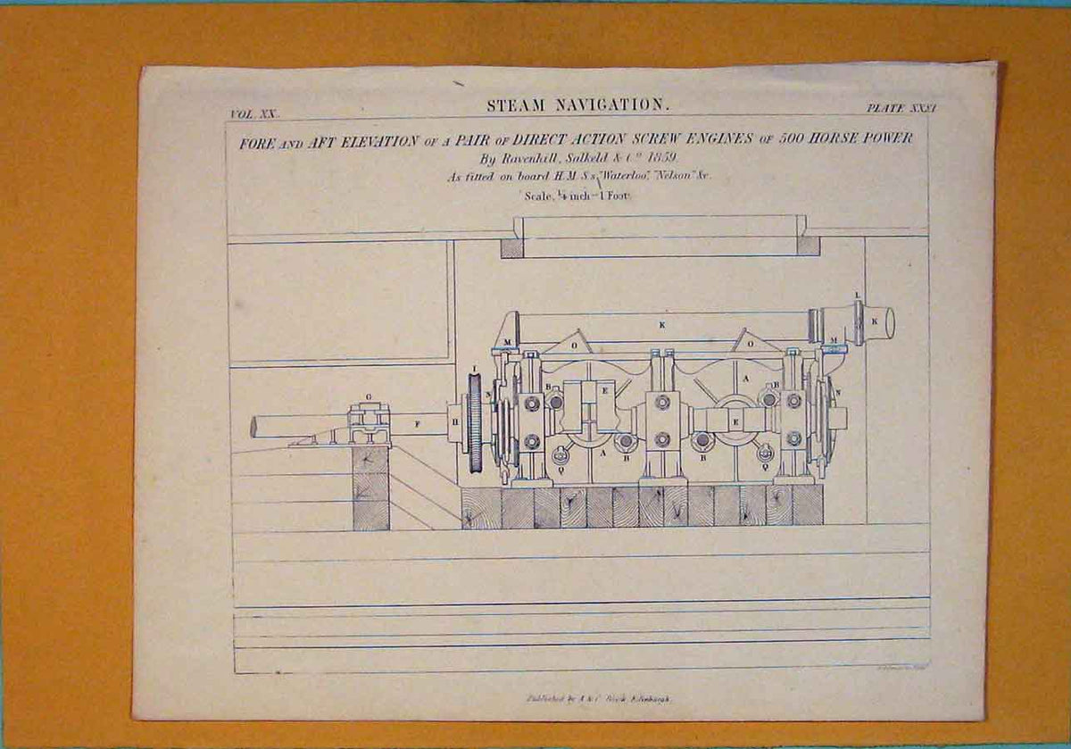 Old Antique Print Steam Navigation Screw Engines Horse Power Architecture
