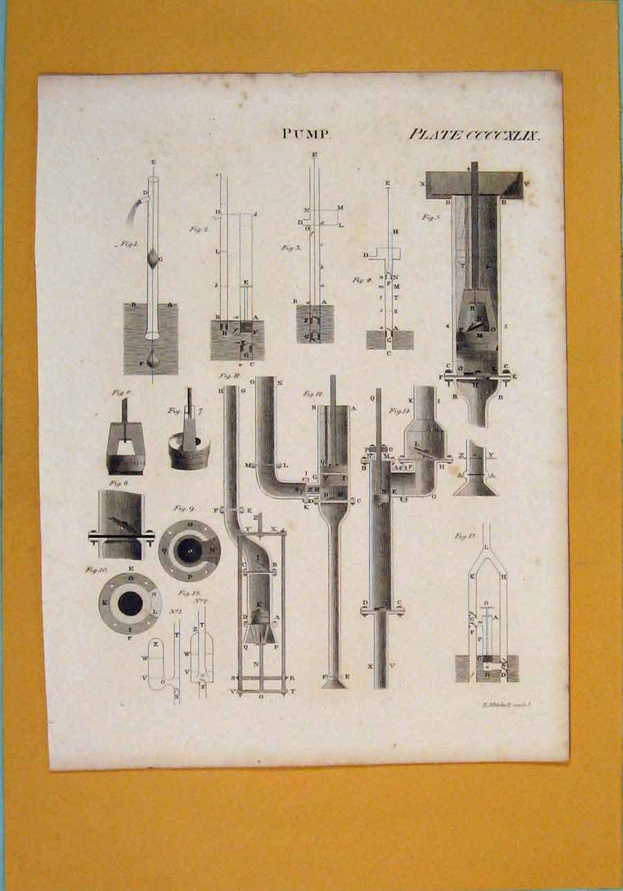 Original Old Antique Print Pump Machine Architectural Design Art
