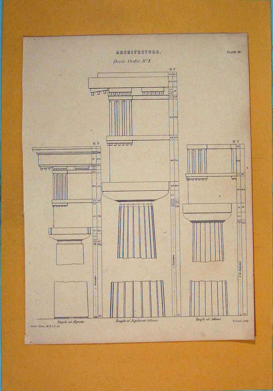 Original Old Antique Print Architectural Boric Order Temple Aegesta Jupiter