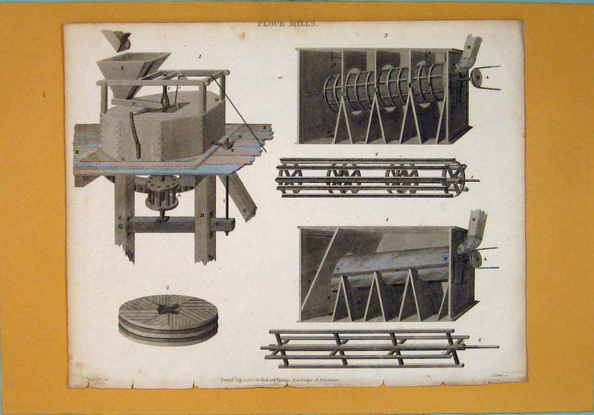 Original Old Antique Print C1806 Flour Mills Machinary Design Architectural 19th