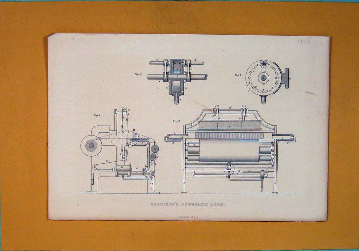 Original Old Antique Print C1866 Harrisons Pneumatic Loom Machine Design 19th