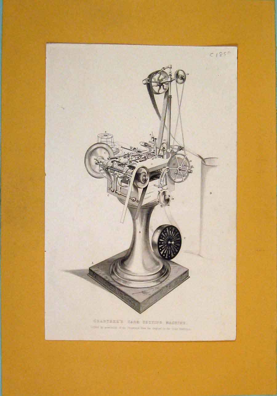 Original Old Antique Print Crabtree Card Setting Machine Design C1850 Victorian