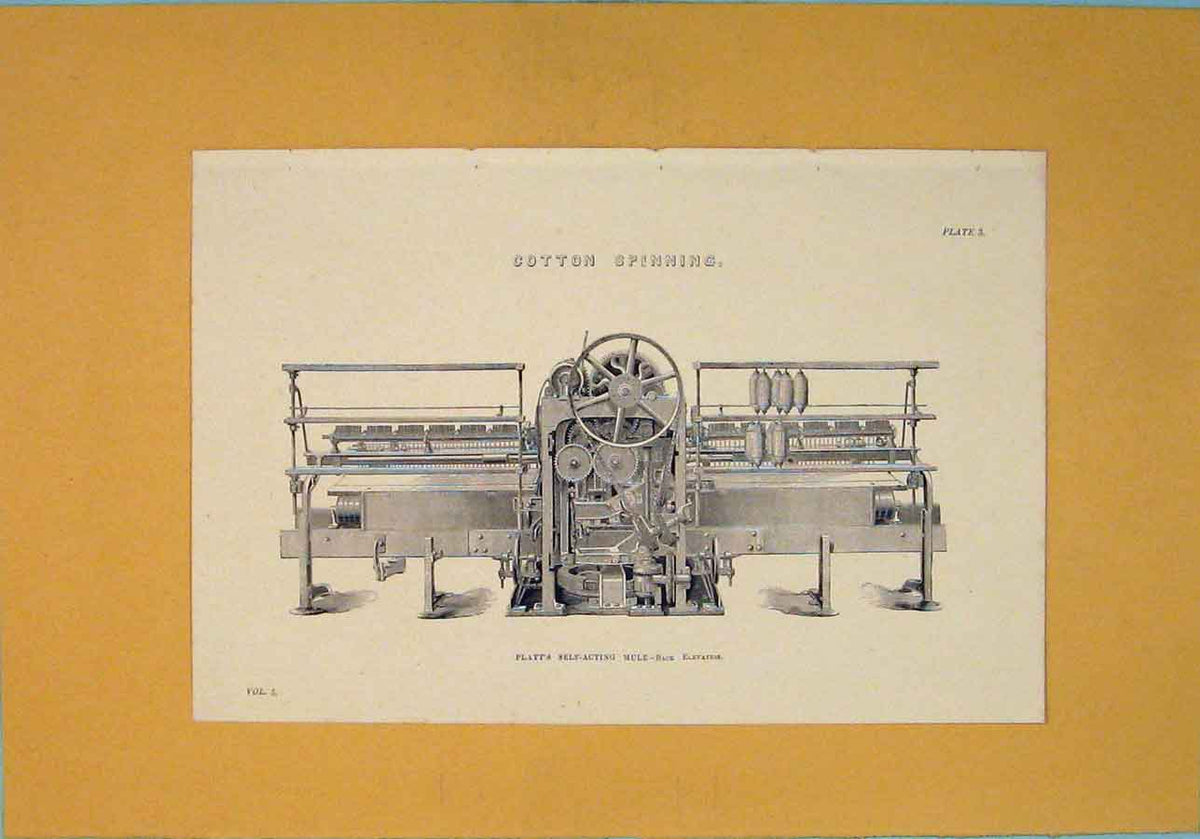 Original Old Antique Print Cotton Spinning Machine Design C1860 19th