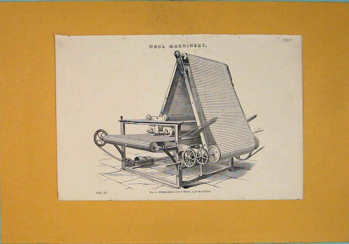 Original Old Antique Print Wool Machinery C1860 Lap Architectural Design 19th