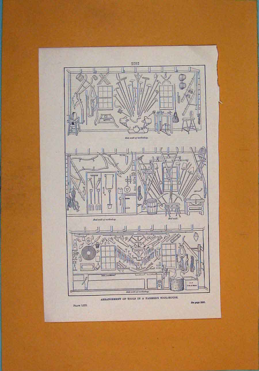 Original Old Antique Print Tolls Farmers House Workshop Design 1860 Victorian