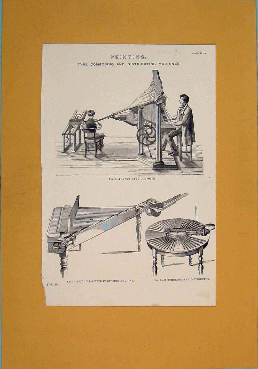 Original Old Antique Print Ing Distributing Machine Designs