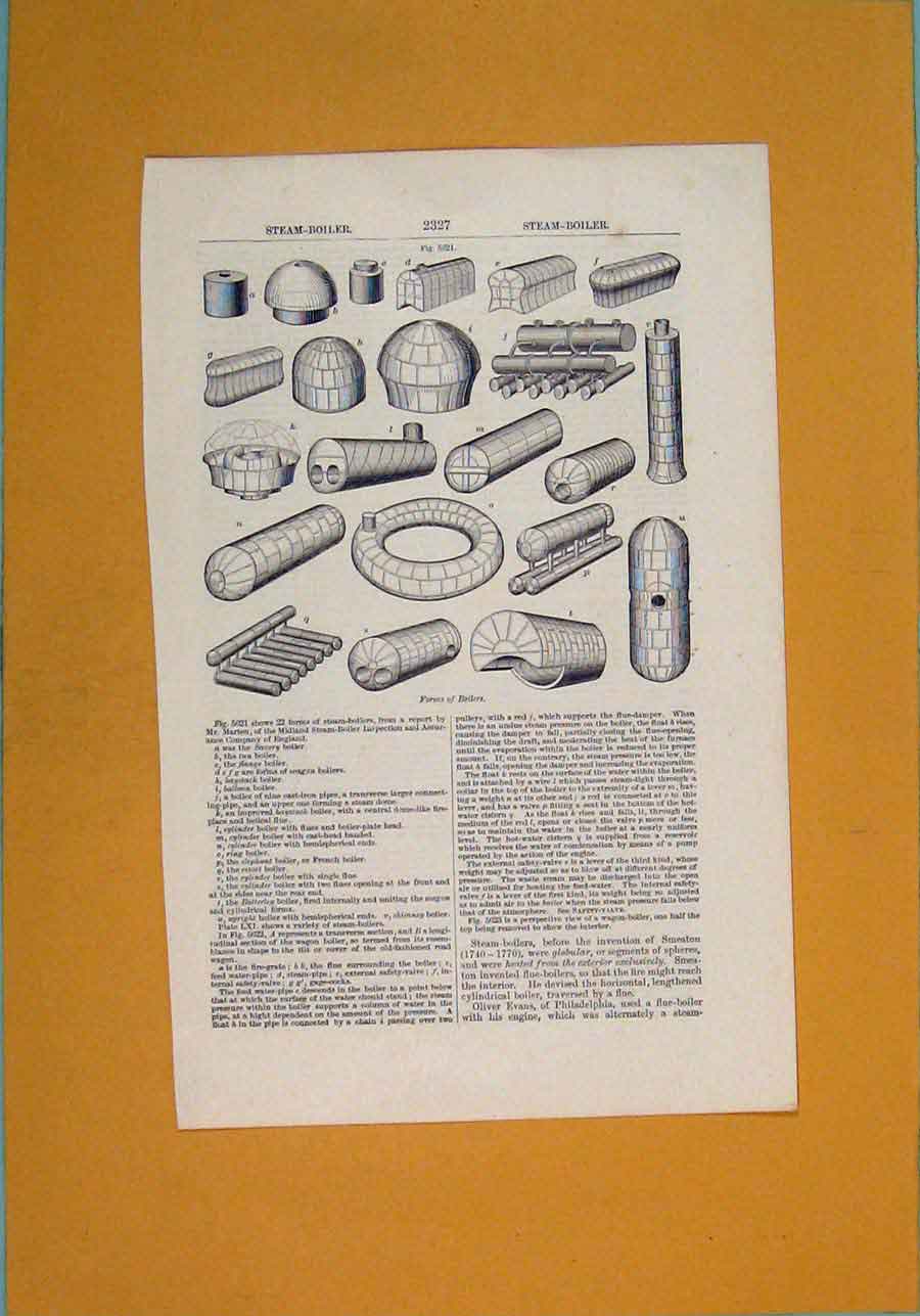 Original Old Antique Print Steam Boiler Designs Architecture Fine Art